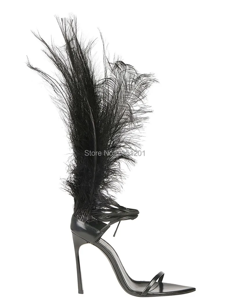Super Hot Black Feather Sandals Ladies Lace Up High Heels Fashion Gladiator Bridesmaid Bridal Wedding | Обувь