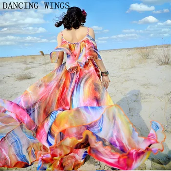 

Summer Abstract Printing Women Chiffon Long Maxi Dress Ruffle Off Shoulder Spaghetti Strap Casual Beach Boho Dress