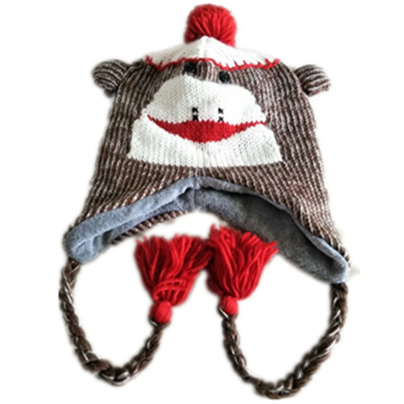 漫画の動物のかわいい猿ニットコットンビーニーキャップぬいぐるみ冬暖かい赤口猿カエル猫の帽子の子供の子フリース裏地 Cotton Beanie Monkey Hatbeanie Cap Aliexpress