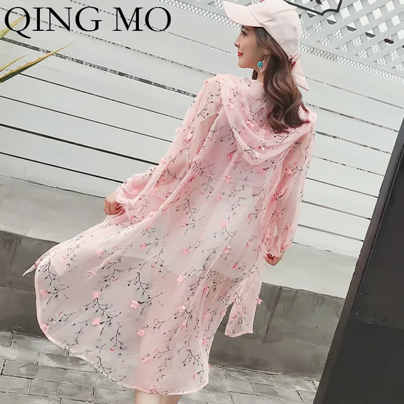 QING MO женское розовое пальто с цветочным принтом синее солнцезащитное летнее