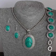 1 комплект винтажное тибетское серебряное ожерелье Овальный кулон натуральный камень браслет Висячие серьги набор новые ювелирные наборы