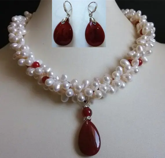 

Unique Pearls jewellery Store 6-7mm White Freshwater Pearl Red Agates Necklace Earrings Jewellery Set Charming Women Party Gift