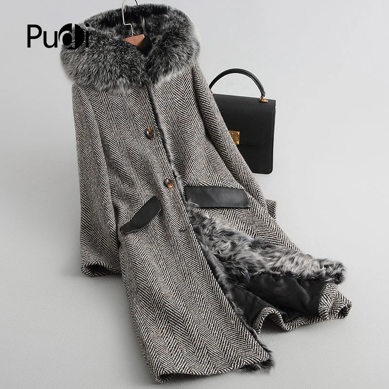 

PUDI A18118 women's winter warm Wool overcoat with fox collar sheep fur lining coat lady coat jacket overcoat