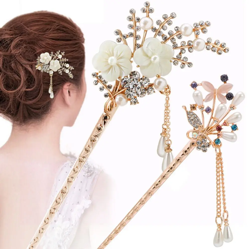 Китайский классический стиль, заколки с цветами и листьями, хрустальные стразы, заколки для волос с кисточками, серебряные расчески для волос, свадебные аксессуары для волос