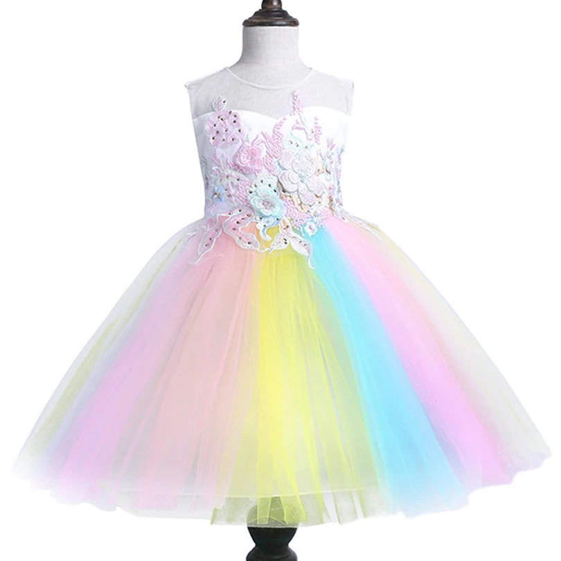 

2019 Princess Party Dress Colorful Applique Girls Dress Elegant Costume Wedding Dresses For Girls Vestido Fantasia Infantil 2-8Y