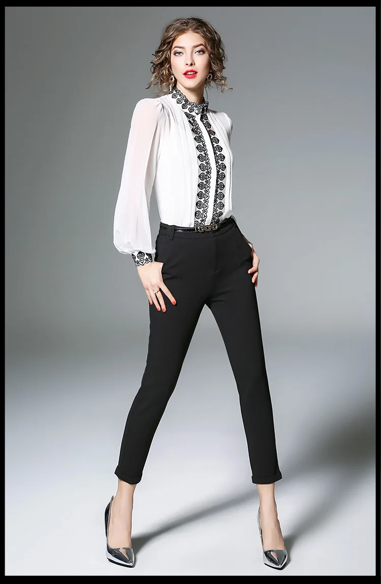 Блузка женская белая с высоким воротником и вышивкой S81229L 2018|lantern sleeve|sleeve topwomen blouses