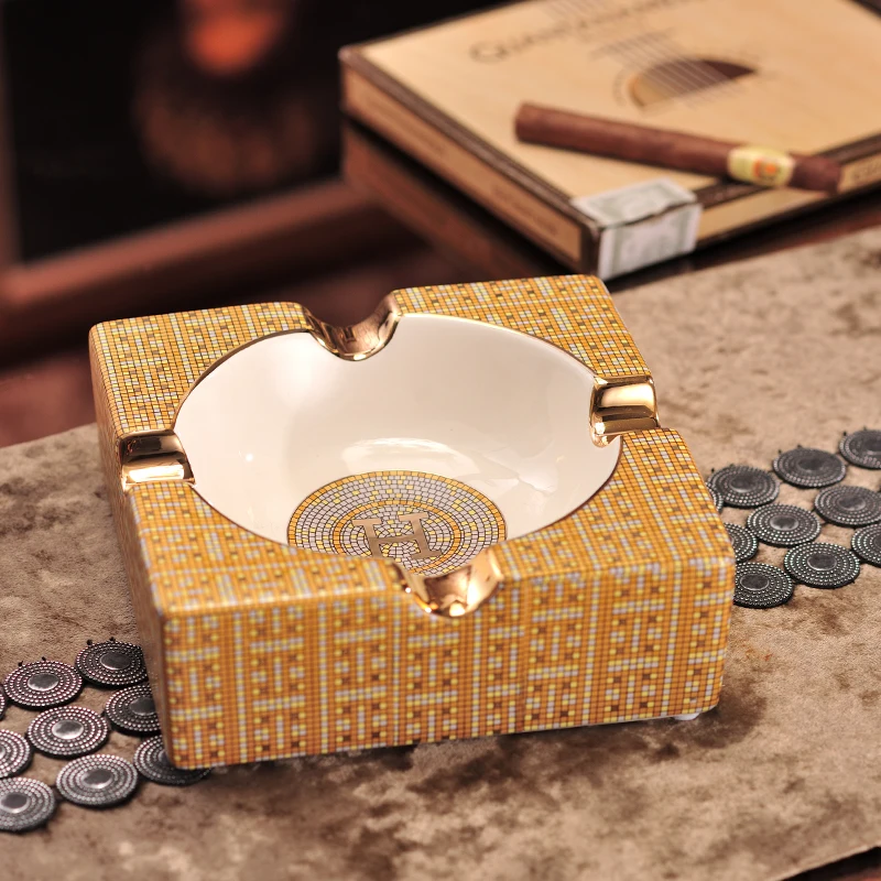 

Luxury Europe Square Ceramic Ashtray Gold Home Office Bar Decor Smoking Elegant Gift For Boyfriend Dad Collectible Handmade Art