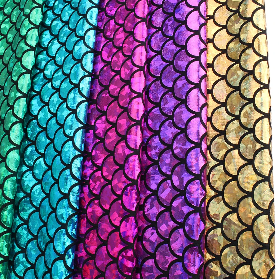 Блестящие голограмма спандекс Русалка печатных Купальник рыбья чешуя ткань стрейч ткань танцор Купальники-6" в ширину