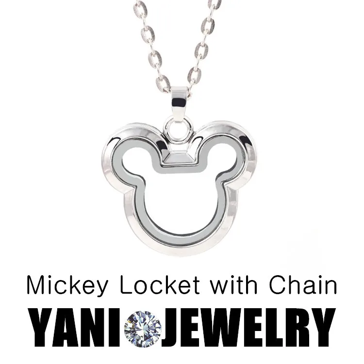 Mickey Mouse Silver Floating Charm Locket with Chain and Birthstones