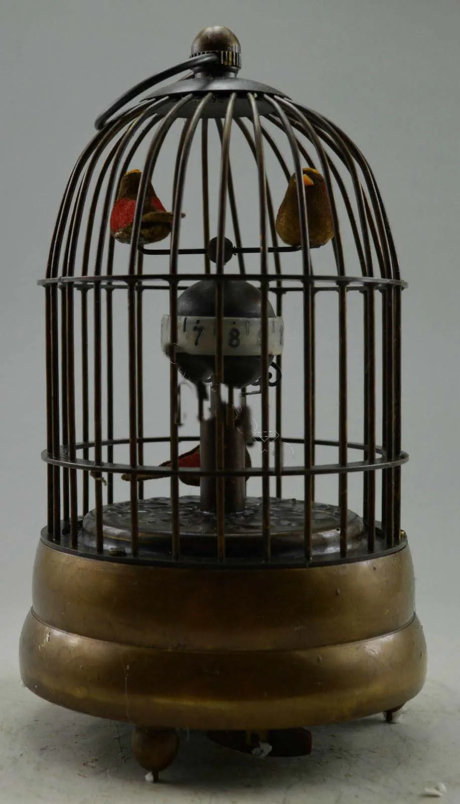 Collectible Decorated Old Copper Carved Bird In Cage Mechanical Table Clock