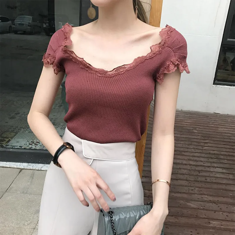 Deep V Neck Knitted Solid Lace Women Short Shirts 2019 Summer Elegant Female Blouses Casual Elastic Korean Styles Slim Lady Top