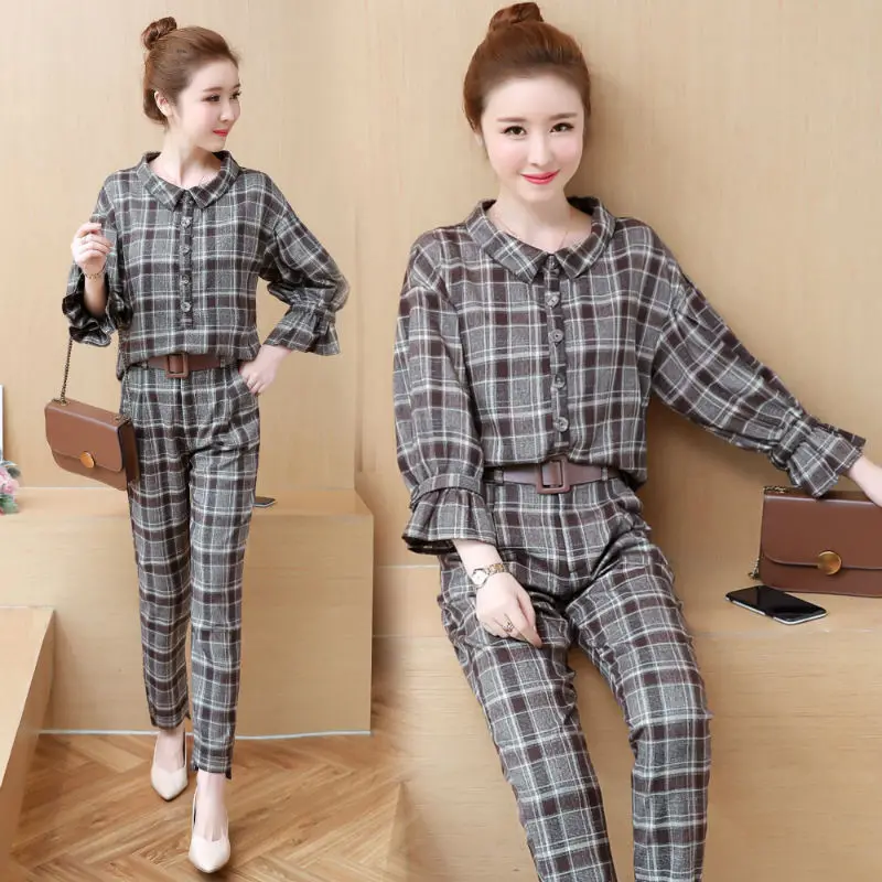 Plaid плюс размер клетчатый комплект из двух предметов женские комплекты 2 Весна 2019