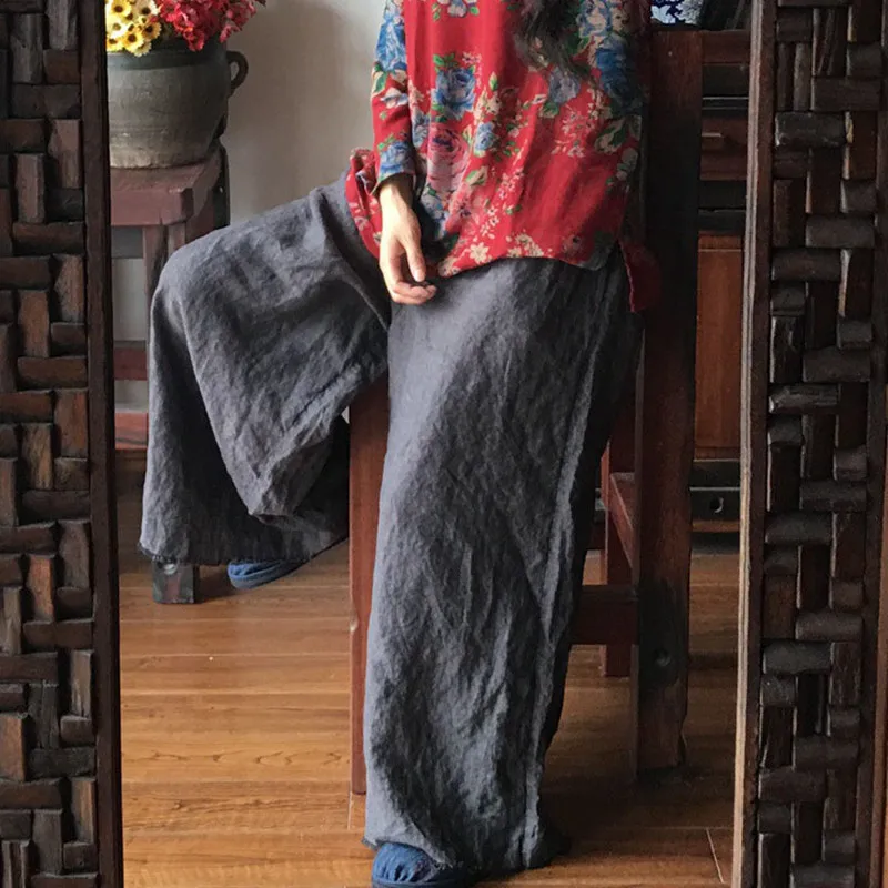 

Johnature Autumn New Vintage Plaid Elastic Waist Women Pants 2019 Plus Size Linen Original Ankle-Length Wide Leg Pants