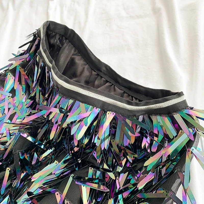 Новинка весны 2019 года для женщин Эластичный Высокая талия тонкий bling бедра юбка Женский Блестящий блестками кисточкой трапециевидной