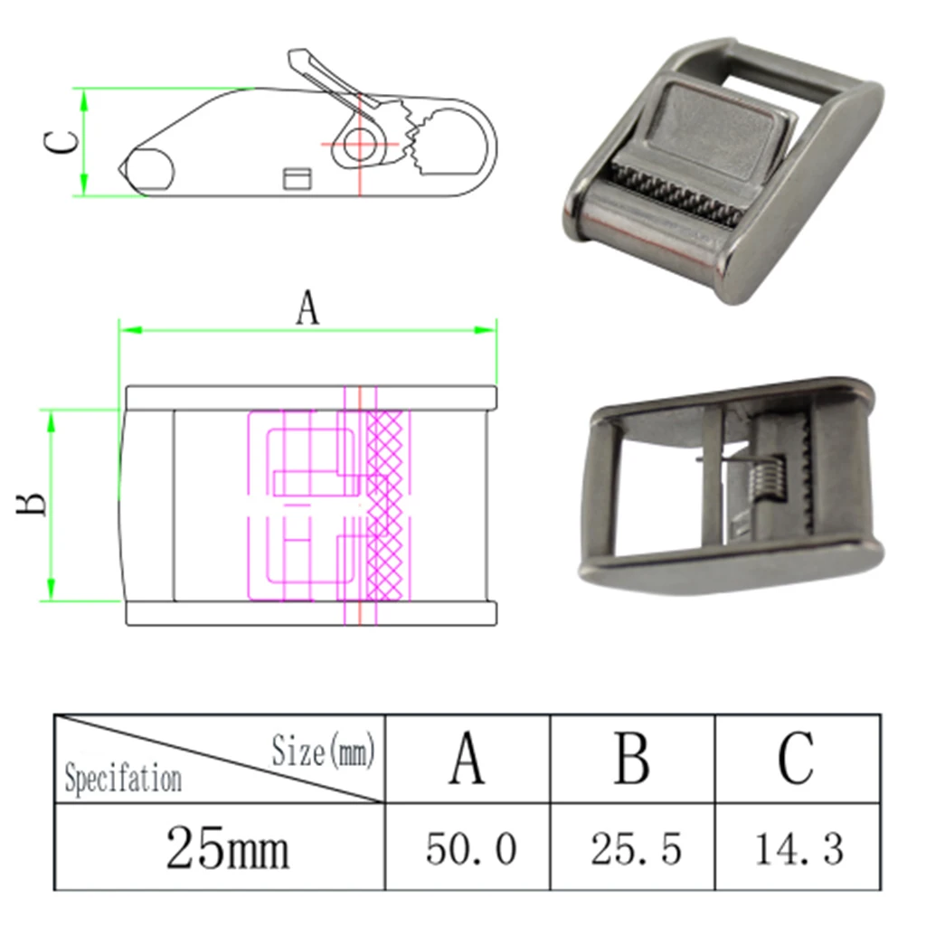 1'Stainless Steel Cam Flap Buckle for 25mm Width Tie Down Luggage Cargo Load Lash Strap Silver