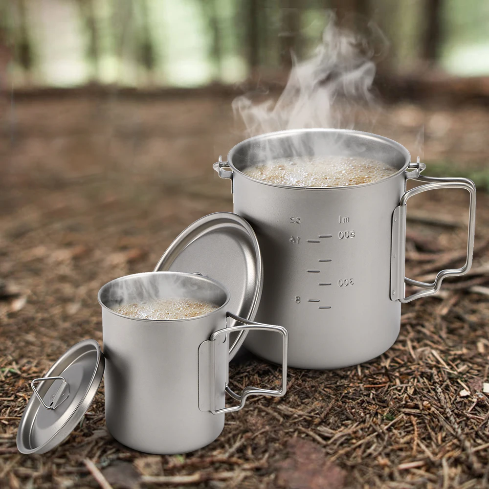 

Titanium Cup Hanging Pot Set Outdoor Portable Camping Picnic Water Mug Foldable Handle 450ml+750ml / 400ml+750ml Kamp
