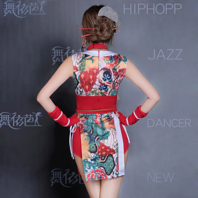 Beautiful Nightclub Dress Women Cosplay Costumes Red Chinese Cheongsam Dress Bar DJ Costume Leading Dancer Stage Costume BL1909