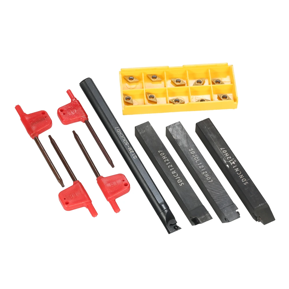 

4pcs S12M-SDUCR07/SDNCN1212H07/SDJCL1212H07/SDJCR1212H07 Boring Bars + 10pcs DCMT0702 Inserts + 4pcs Wrenches Lathe Tools