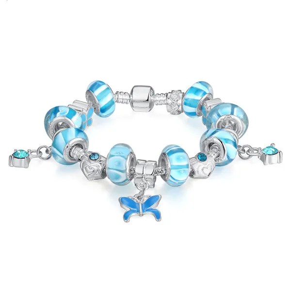 925 Silver Chamilia Bead Blue Butterfly Charm Bracelet for Women