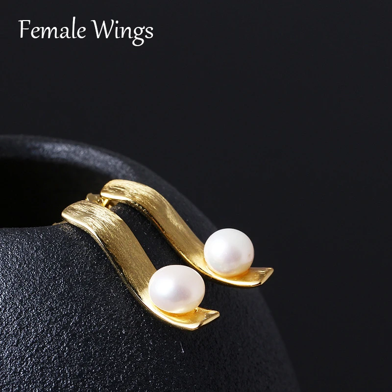 

Female Wings Natural Freshwater Pearls Stud Earrings For Women Wavy shape Jewelry 925 Sterling Silver Earrings Handmade FE006