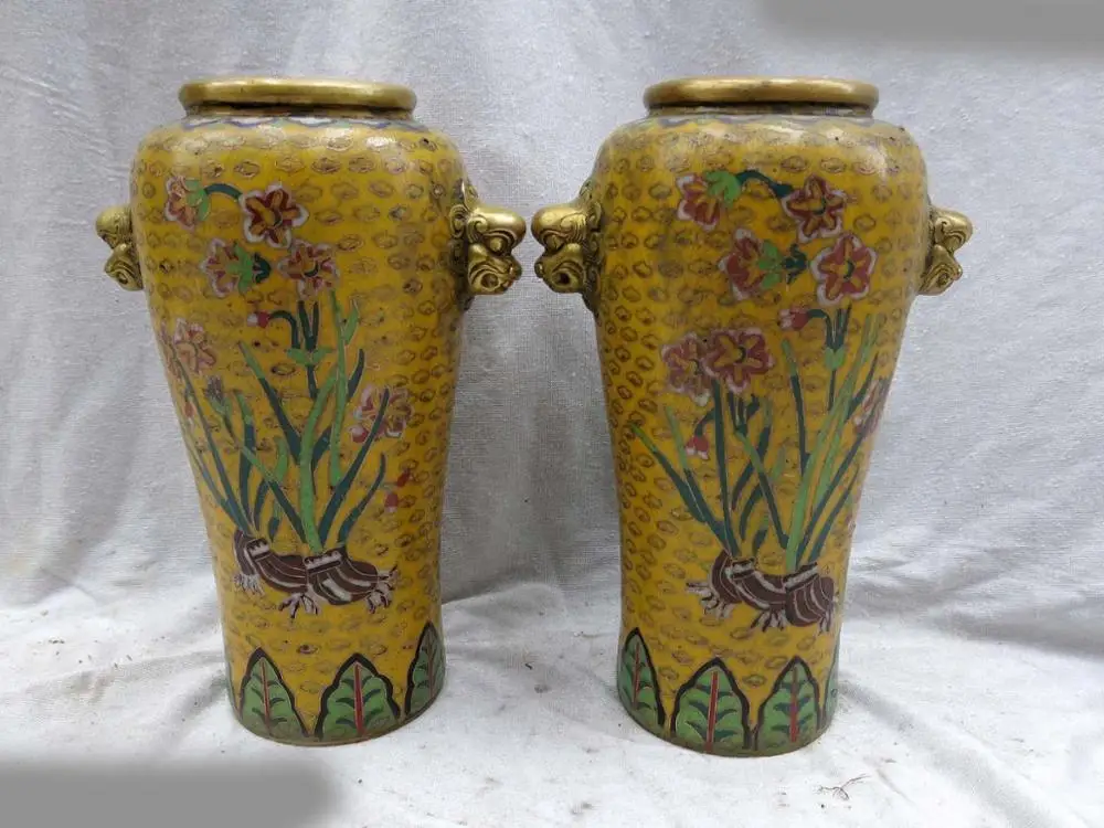 

8" China handmade bronze gild yellow Cloisonne fine narcissus Vases pair statue A(0505)