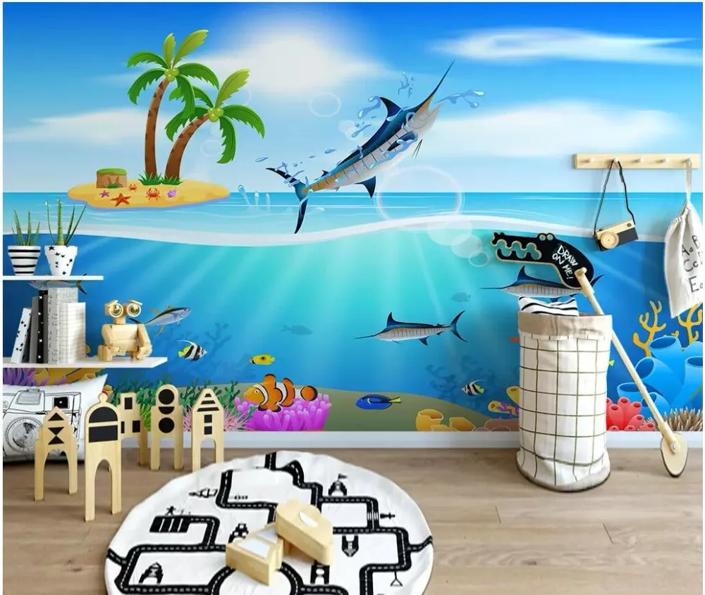 Koop Custom muurschildering 3d foto behang Moderne fish shark school kinderkamer home improvement woonkamer behang voor muren 3 d