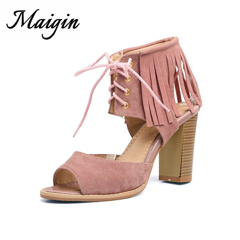 Maigin High Heels Gladiator Sandals Women 2018 Fringe Deco Lace-up Female Shoes Peep Toe Summer Casual Shoes Ladies Sandals