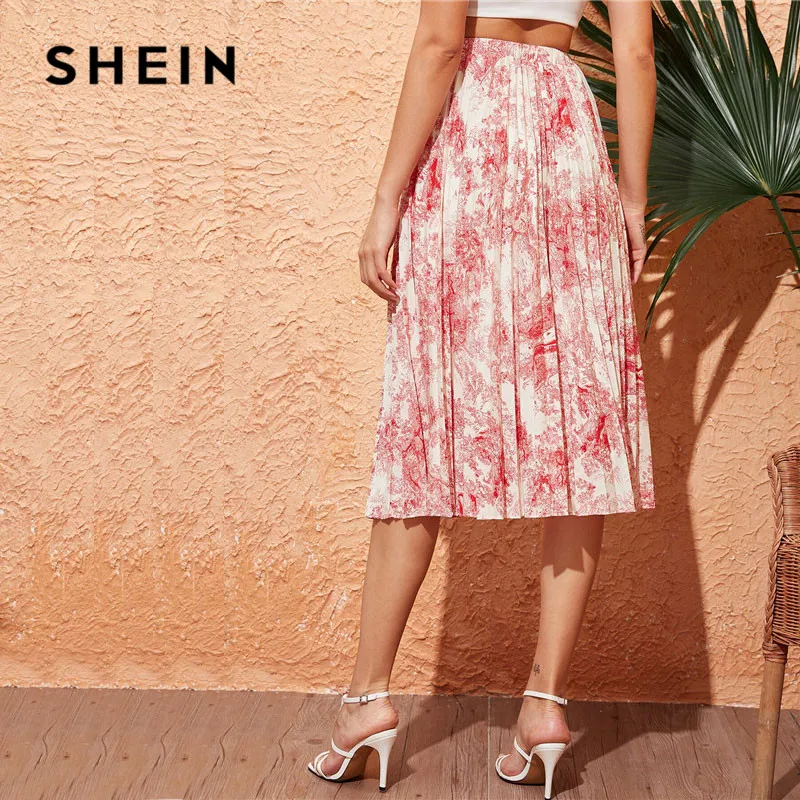 SHEIN, Женская плиссированная юбка с пейзажным принтом, весна-лето, Boho, высокая талия, длинные юбки для дам, трапециевидная элегантная юбка миди