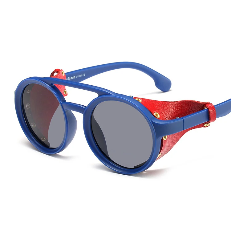 Круглые мужские солнцезащитные очки в стиле стимпанк, индивидуальные солнцезащитные очки для женщин, модные красные и черные кожаные очки с заклепками для мужчин и женщин - Цвет линз: 2