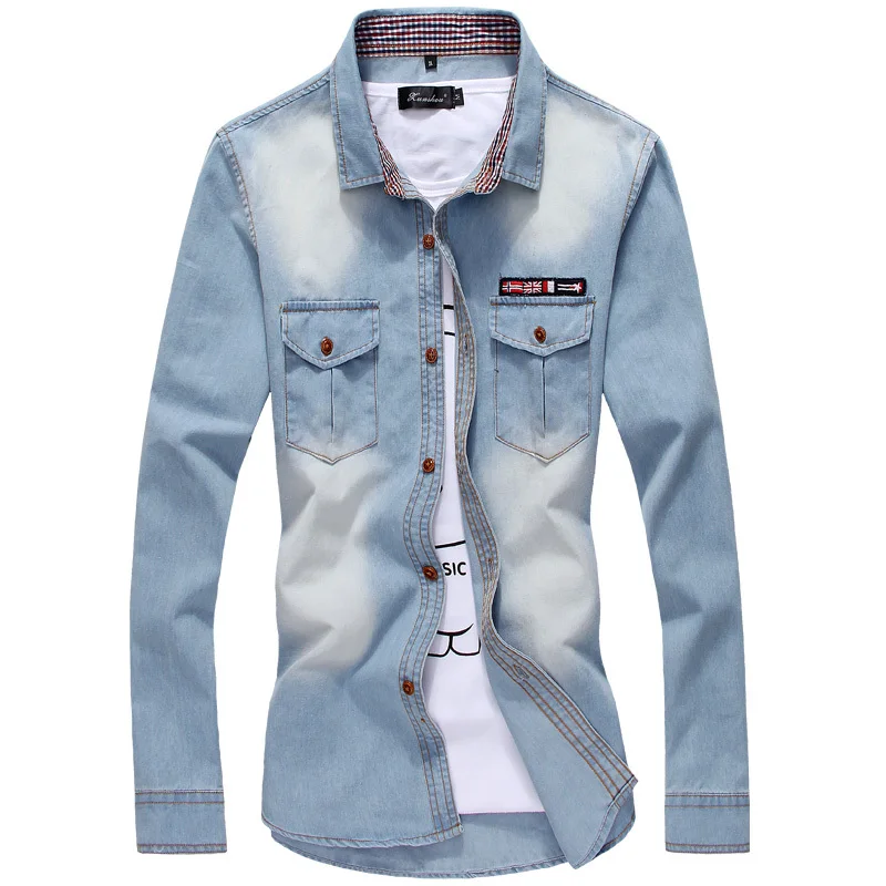 Plus Size Men Denim Shirts 5XL Cotton Turn-down Collar Pockets Camiseta Masculina Autumn Long Sleeve Blue Camisa Social