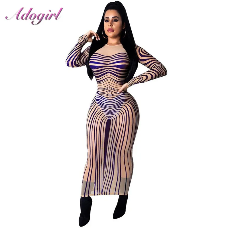 

Sheer Mesh Women Wave Stripes Maix Dress Long Sleeve O-neck See Though Bodycon Midi Ankle Length Maxi Long Midi Party Dress