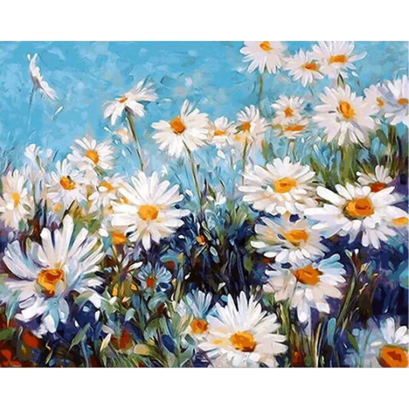 Frameless Handwork Diy Oil Painting By Numbers Flowers Pictures Canvas Blue Sky Chrysanthemum Unique Gift for Home Decor Arts