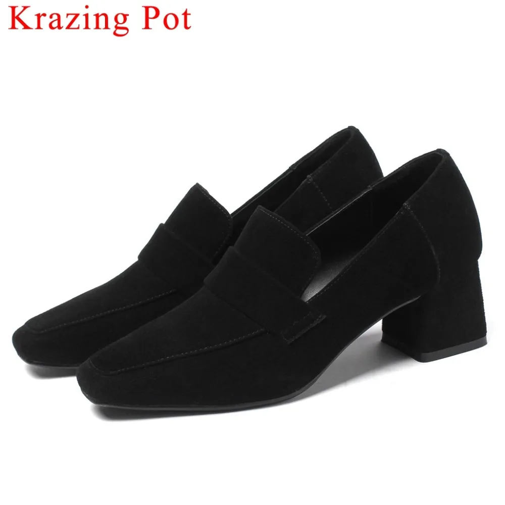 

2019 Newest full grain leather chunky heels lsip on black apricot European designer square toe Spring wedding women pumps L29