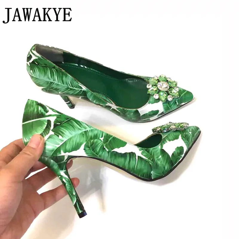 

Runway Crystal Banana Leaf Pattern Women Pumps Pointed Toe Thin High Heels Shoes Slip On Shallow Pump Ladies Party Shoes Woman