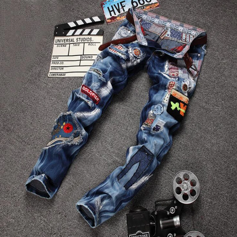 Personality Badge Patchwork font b Jeans b font font b Men b font Ripped font b