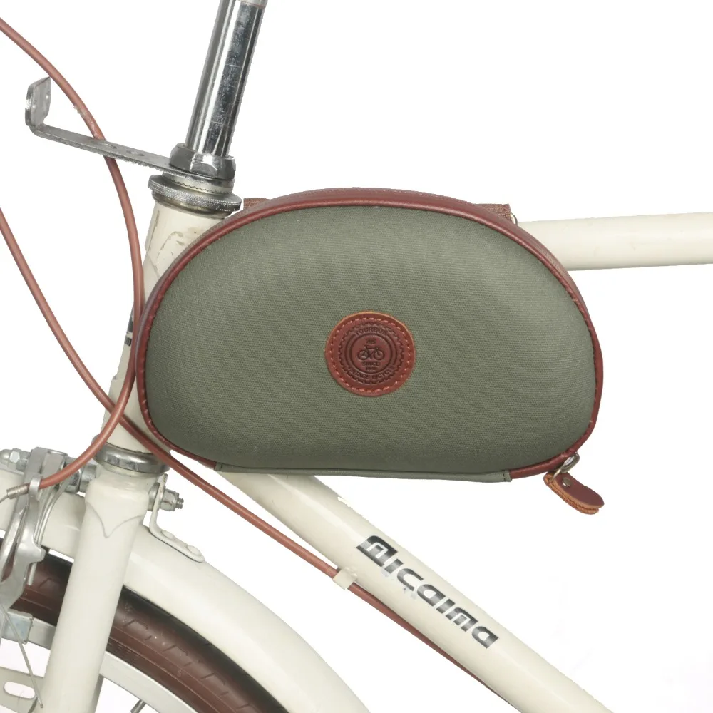 Sale Tourbon Retro Bike Frame Tube Bag Bicycle Front Handlebar Pouch Carrier Green Waxed Canvas Waterproof Cycling Accessories 3