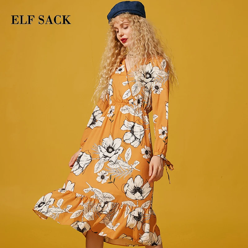

ELF SACK New Fashion Woman Dress Cotton V-Neck Knee-Length Straight Women Dresses Casual Long Sleeve Femme Vestido Party Dress