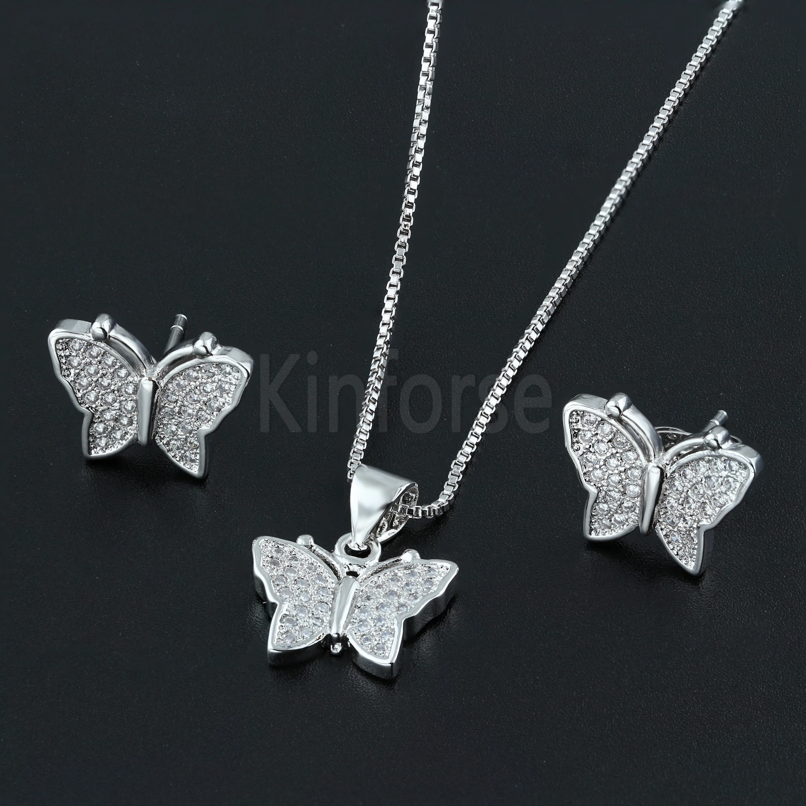 

Kinforse Luxury Butterfly Jewelry Set Pave Cubic Zircons Pendant Necklace &Stud Earrings Set Fashion Women Jewelry SQM005384