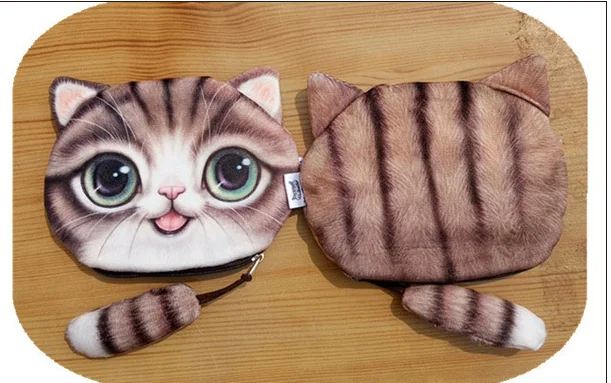 Для женщин девочек 3D милый кошелек сумка животное лицо молния мини кошка кошельки сумка для собак плюшевые серый фиолетовый коричневый желтый