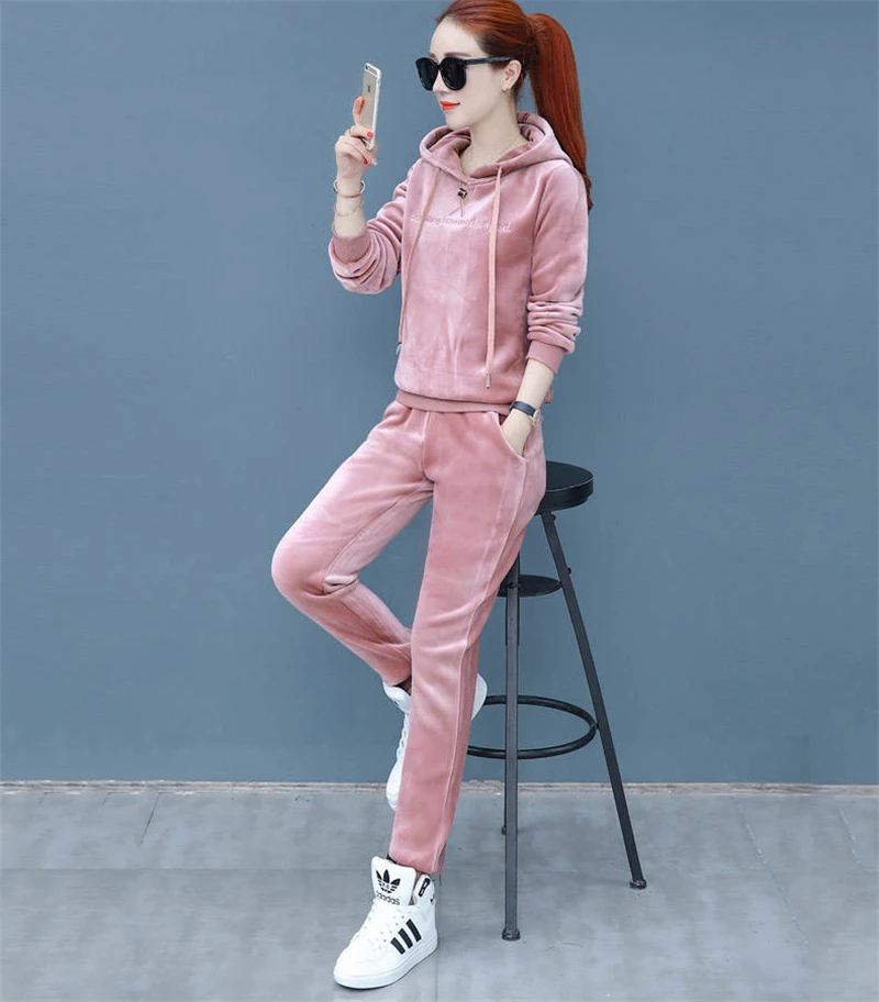 Matching Sets Autumn Plus Size Casual Loose Velvet Tracksuits 2 Pieces Set Women High Elastic Hooded Sweatshirts And Harem Pants