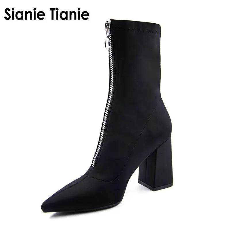 

Sianie Tianie Women's Shoes winter Fashion Pointed boots Stretch fabric Front zipper Ankle Boots Martin boots sexy High Heels