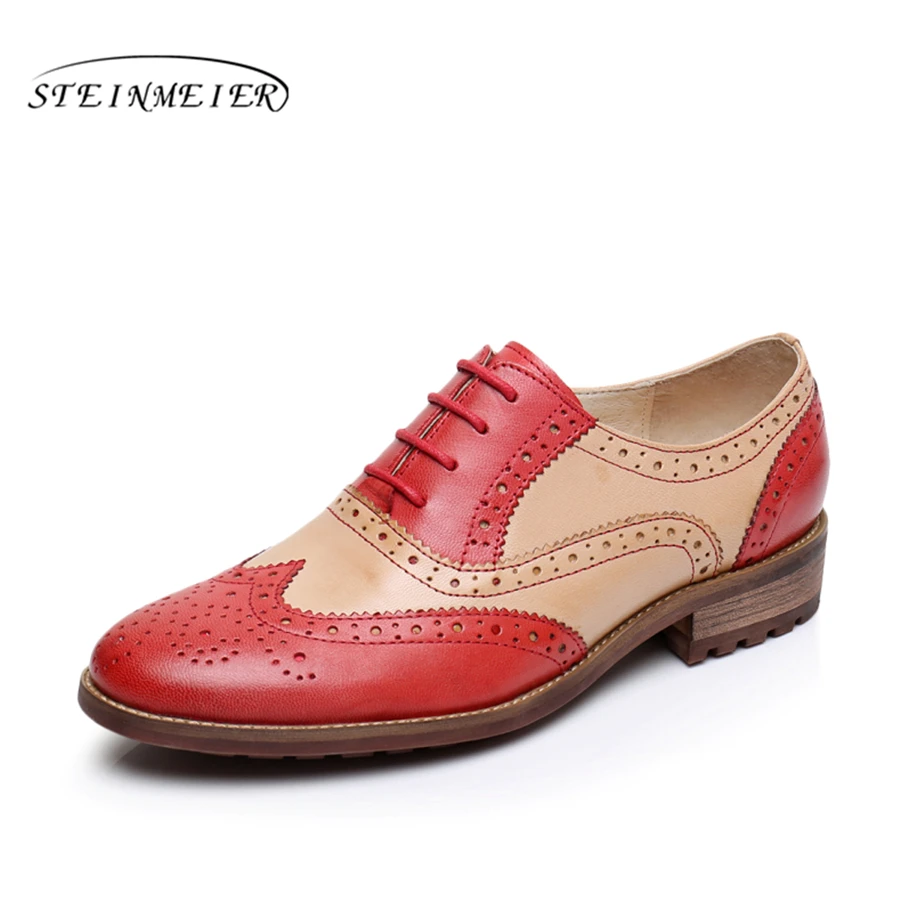 

Genuine leather flat shoes women US size 8 handmade red black blue 2016 vintage round Toe British style oxford shoes for women