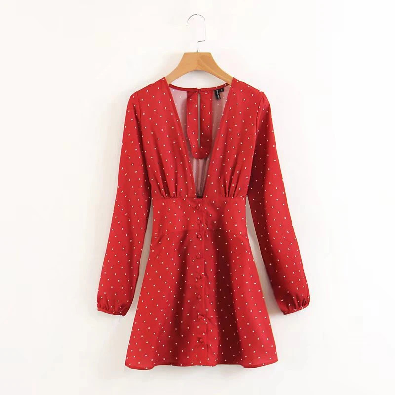 Red Polka Dot Summer Dress Long Sleeve Sexy Beach Dress Women Elasticity Waist V neck Elegant Bohemian Vestido  6