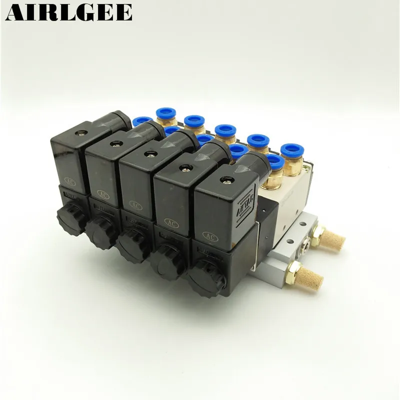 Günstig 4V210 08 DC24V 2 Positionen 5 Weg Vierbett Magnetventil Aluminium Basis Fitting Schalldämpfer Set 5 Stationen Kostenloser versand
