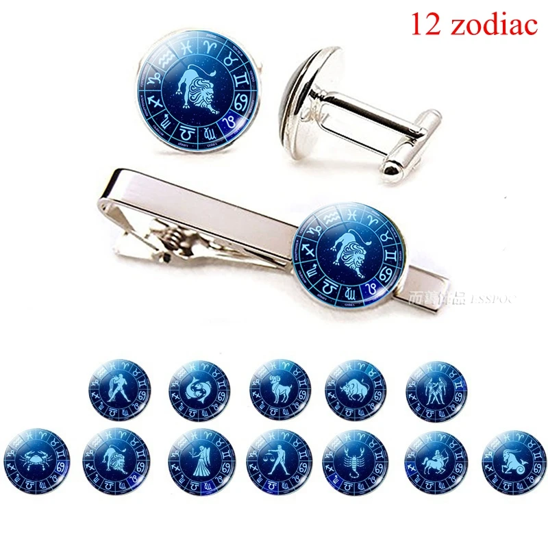 

12 zodiac Sign Print Personality Men Cufflinks Tie Clip Set Shirt Suit Cuff Links Wedding Cufflinks Birthday Gift