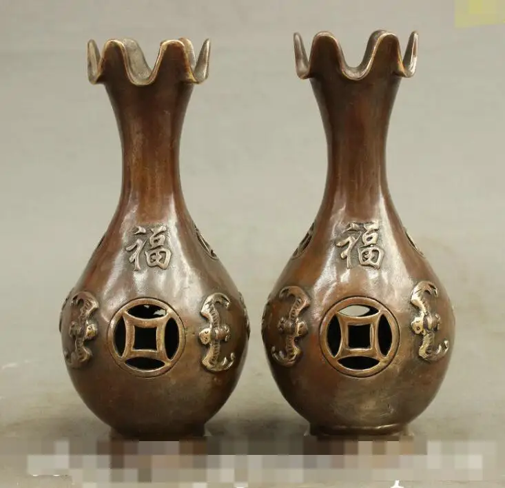 

S03848 8 China Chinese Bronze Copper Wealth Fu Coin Statue Flower Bottle Vases Pot Pair (A0321)