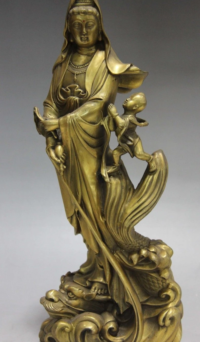 

Tibet Pure Brass Copper Standing Dragon Fish Send Boy Guan Yin Kwan-yin Buddha
