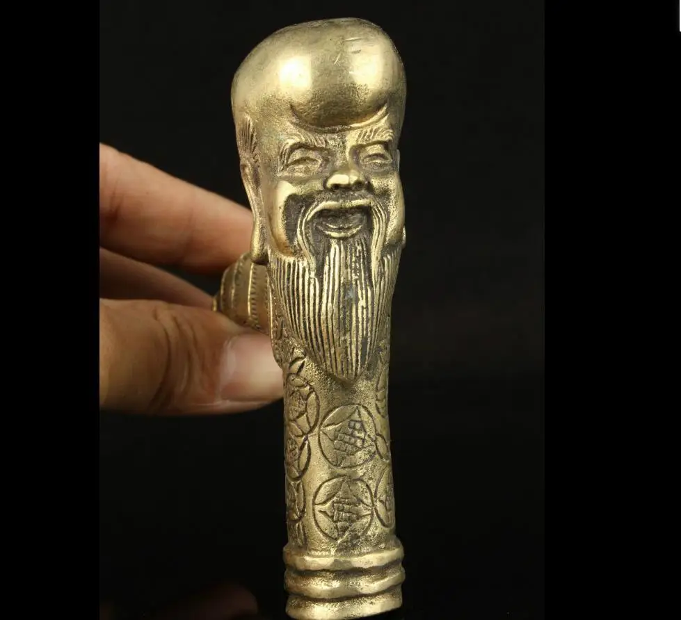 

671115905*++Collectible Old Handwork Carving Brass Longevity Statue Cane Walking Stick