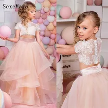 

New Two Pieces Ball Gown Flower Girl Dress Lace Organza Children Glitz Pageant Dresses Kids First Communion Gown Any Size