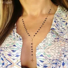 Collier avec perles en cristal noir, chaîne couleur or argent, bijou croisé, forme en Y, à la mode